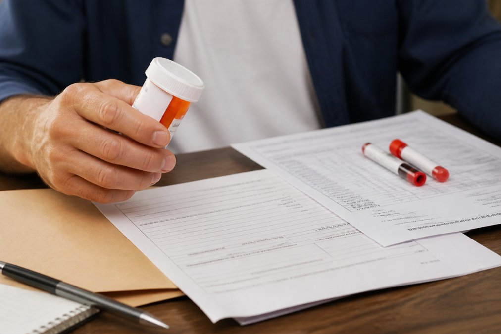 Close-up of a man's hand holding a prescription bottle next to a blood test requisition form and medical documentation on a clean desk