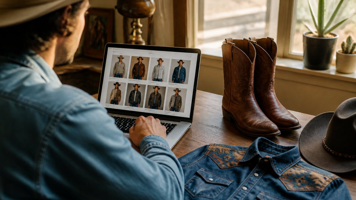 Customer browsing curated western apparel collection on laptop screen at home, with cowboy boots and vintage western shirt visible on desk, warm natural lighting from window