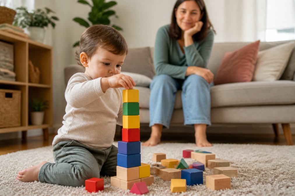 A toddler sitting on a living room rug, deeply focused on stacking colourful blocks into a tower, with a parent watching warmly from a sofa in the background