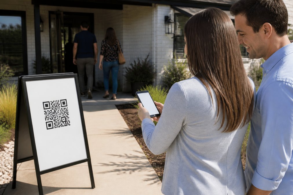 Process flowchart showing a real estate agent using an open house app to send follow-up texts to leads