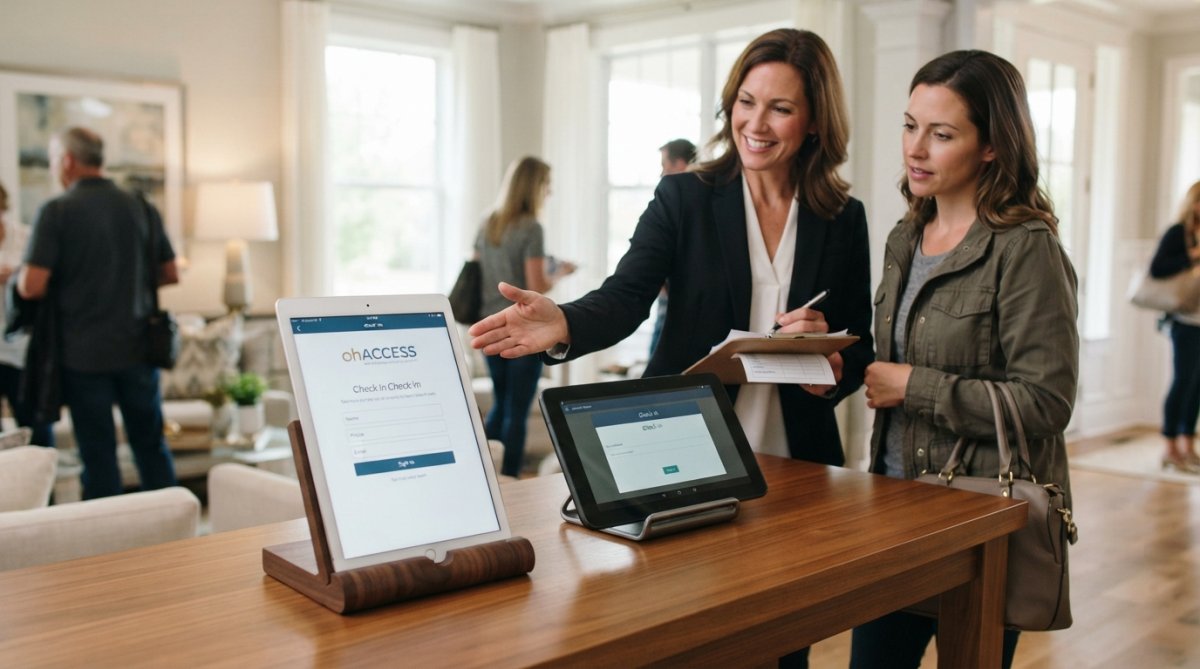 Real estate agent holding tablet at open house entrance, displaying digital check-in QR code to visitor in bright, modern home setting