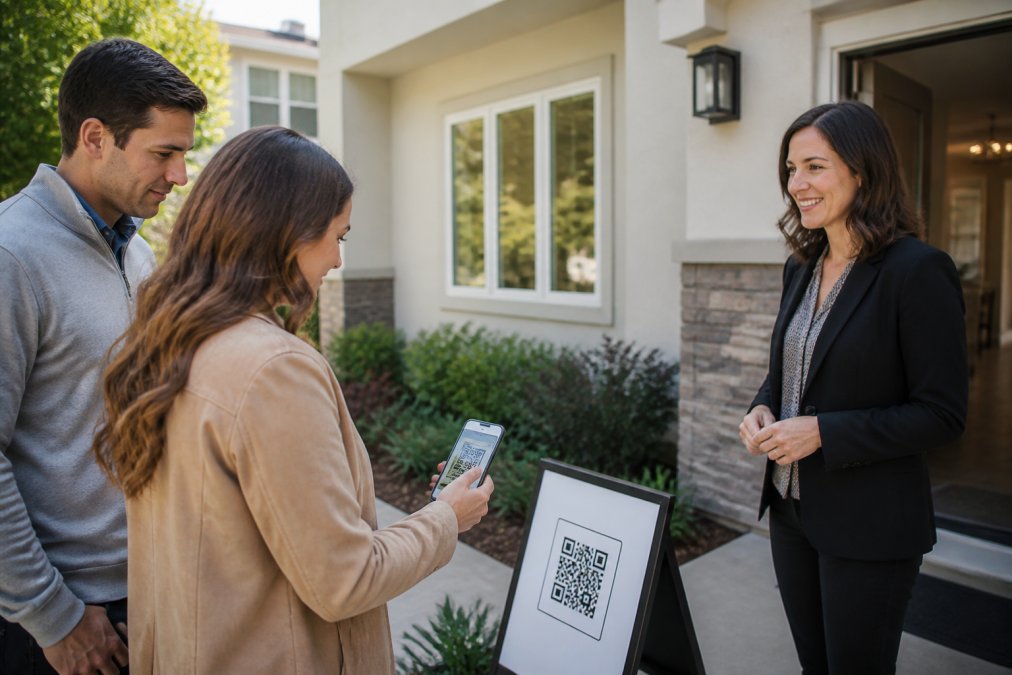 A real estate agent standing at the entrance of a staged home holding a smartphone displaying a QR code sign-in screen, with a pedestal sign visible on the walkway outside, bright afternoon light