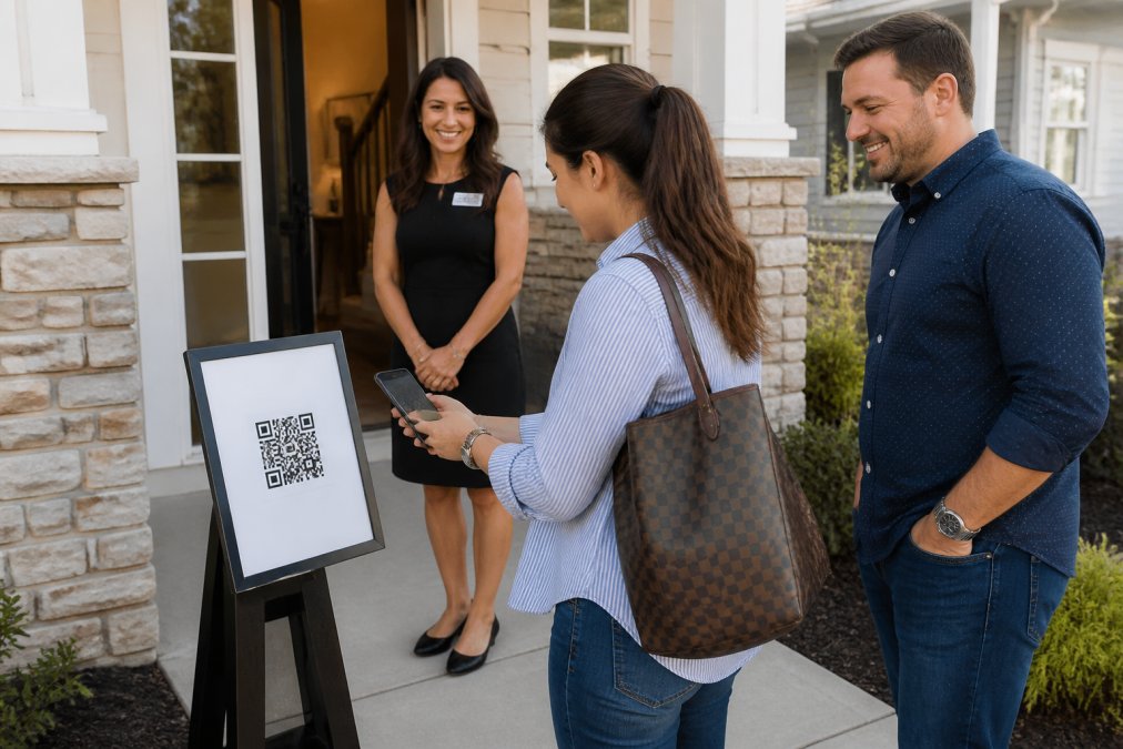 Real estate agent greeting visitors at an open house entrance with a QR code sign visible on a pedestal a-frame stand in the foyer, natural afternoon light streaming through the front door