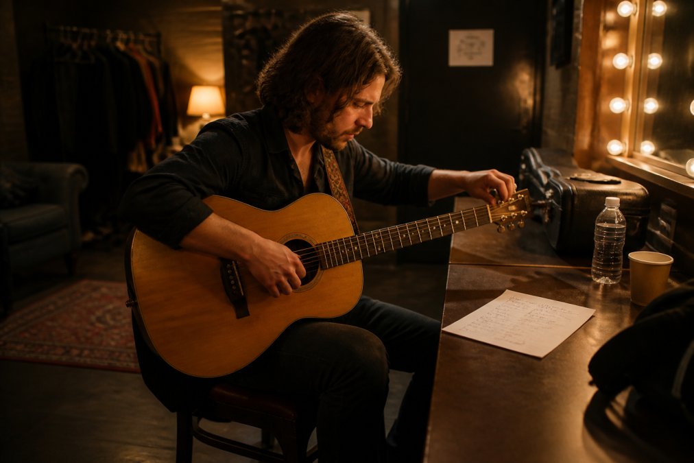Musician holding acoustic guitar, checking handwritten setlist in green room, tuning instrument with focused expression, warm backstage lighting