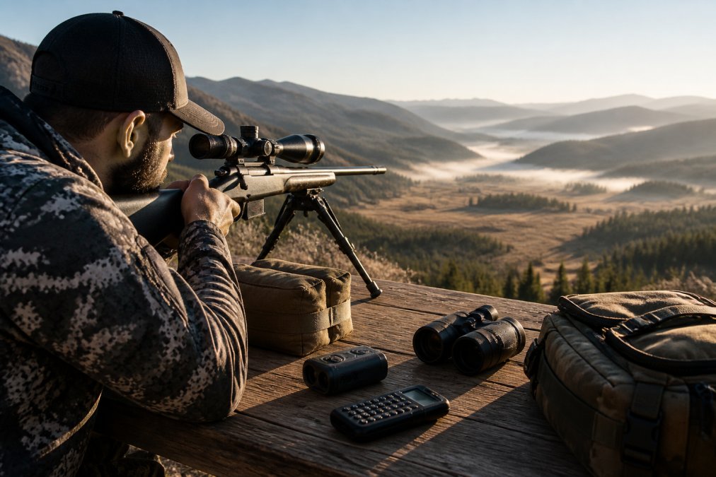 Hunter at a shooting bench sighting in a rifle scope with a rangefinder and ballistic calculator visible on the bench, demonstrating field setup with morning light across the range