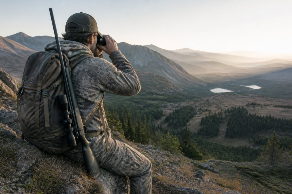 Backcountry hunter glassing distant terrain with binoculars in rugged mountain setting, rifle with scope visible across shoulder, early morning light illuminating valley below