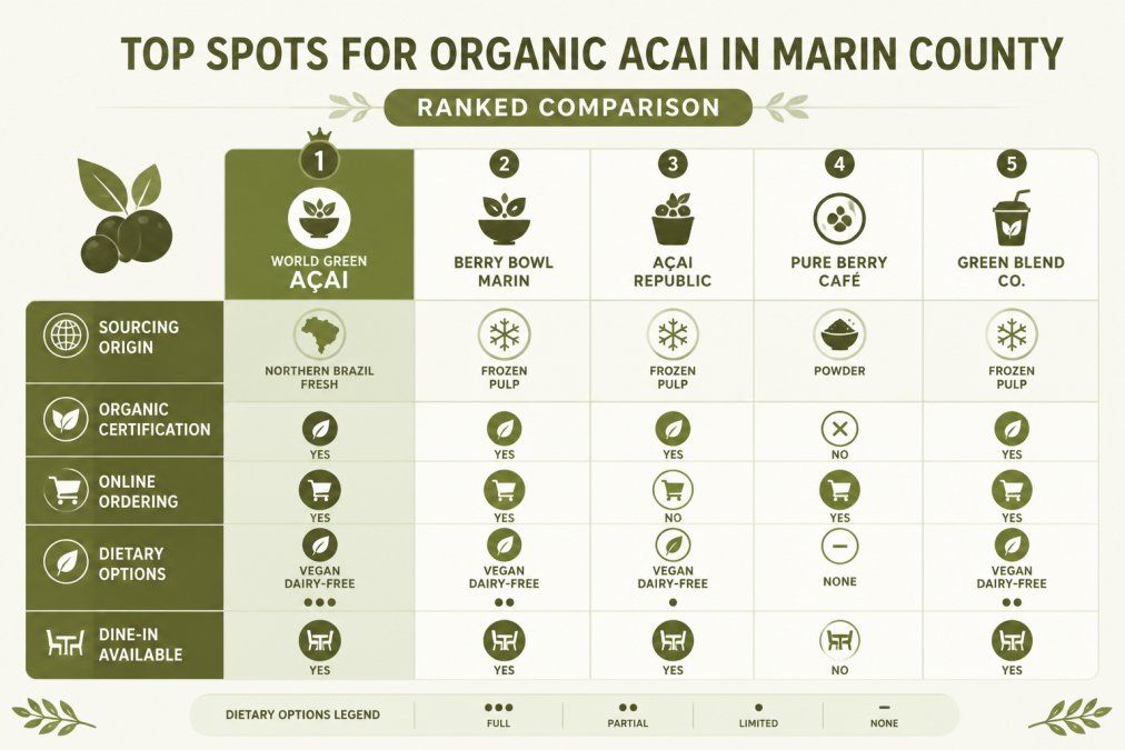 Visual comparison chart showing Comparison, Marin, Northern Brazil, World Green A for best organic acai in marin
