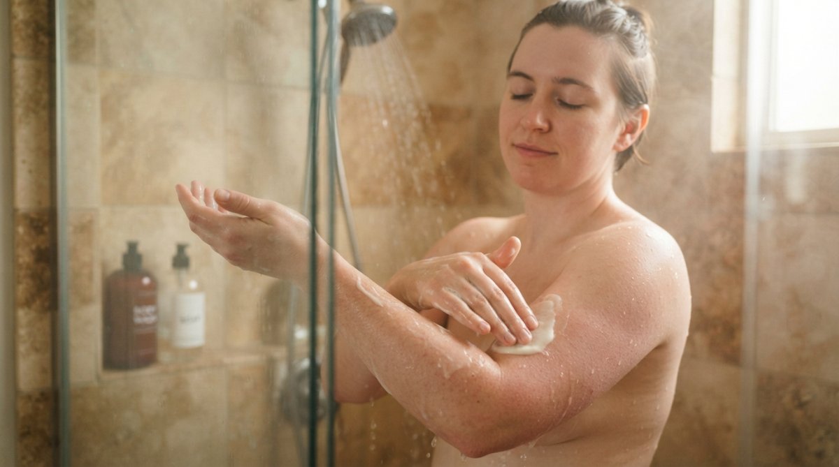 Person with sensitive skin gently washing with organic body wash in a warm shower, demonstrating careful and mindful bathing technique with hands moving softly across arms, showing warm steam and soft lighting