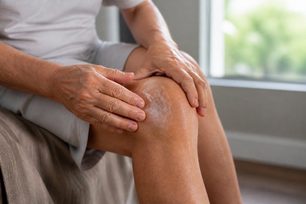 Close-up of hands applying organic CBD lotion to an arthritic knee joint, cream visibly absorbing into skin with warm natural window lighting
