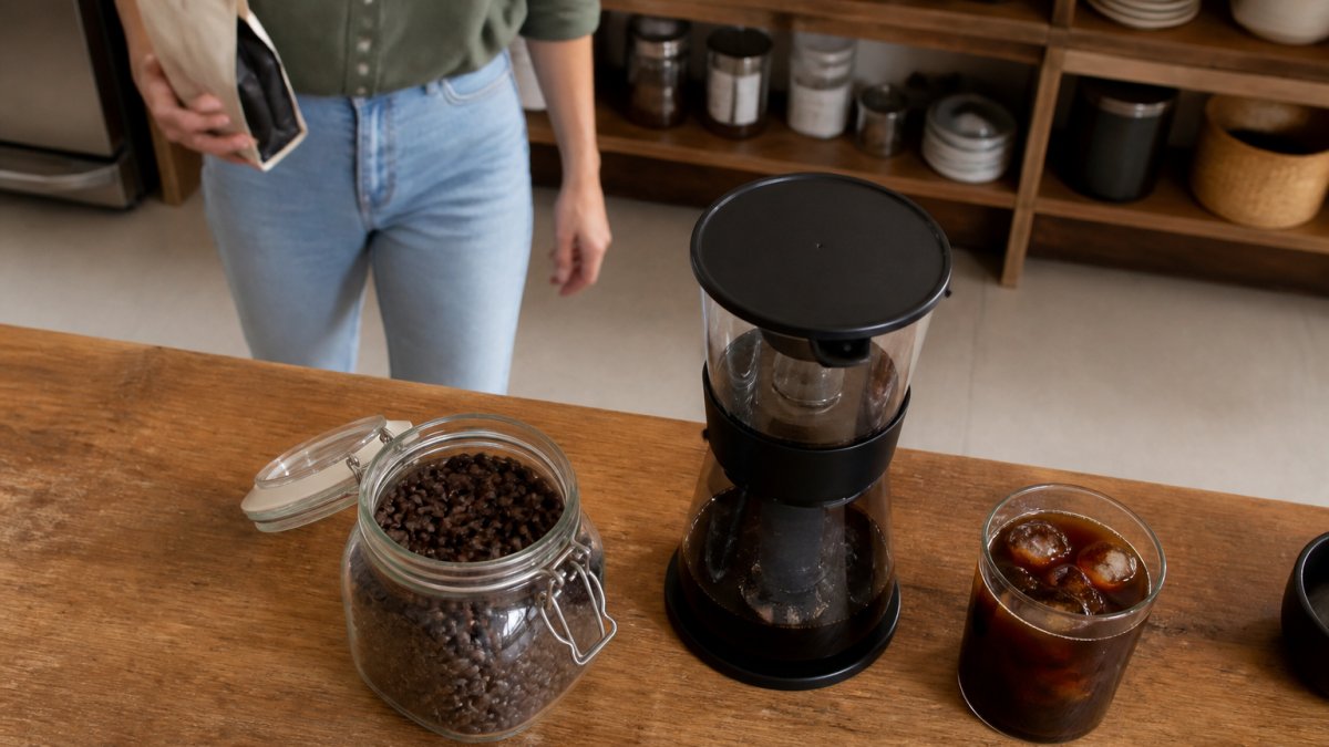 Overhead shot of whole coffee beans in a glass jar beside a cold brew maker and a glass of iced coffee on a wooden kitchen counter