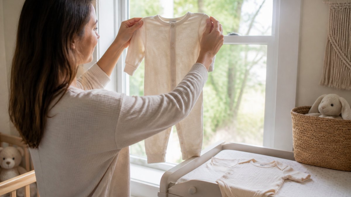 A parent holding a soft organic cotton baby romper up to a bright nursery window, with a folded baby onesie laid flat on a changing table nearby