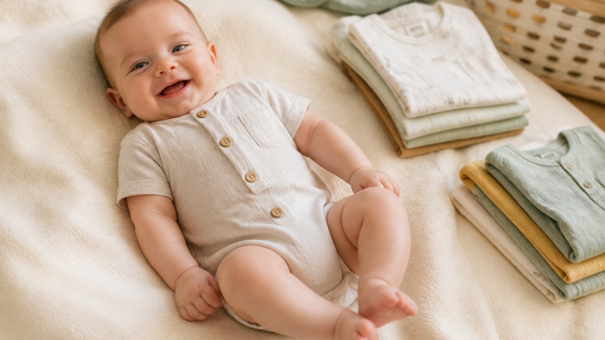 Smiling baby in a soft cotton romper lying on a blanket with folded clothes nearby in a bright nursery