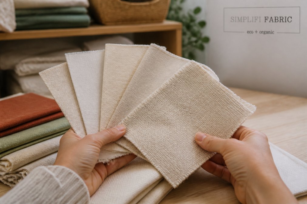 Close-up of hands holding and comparing different organic cotton fabric swatches, showing texture and weave variations in natural lighting