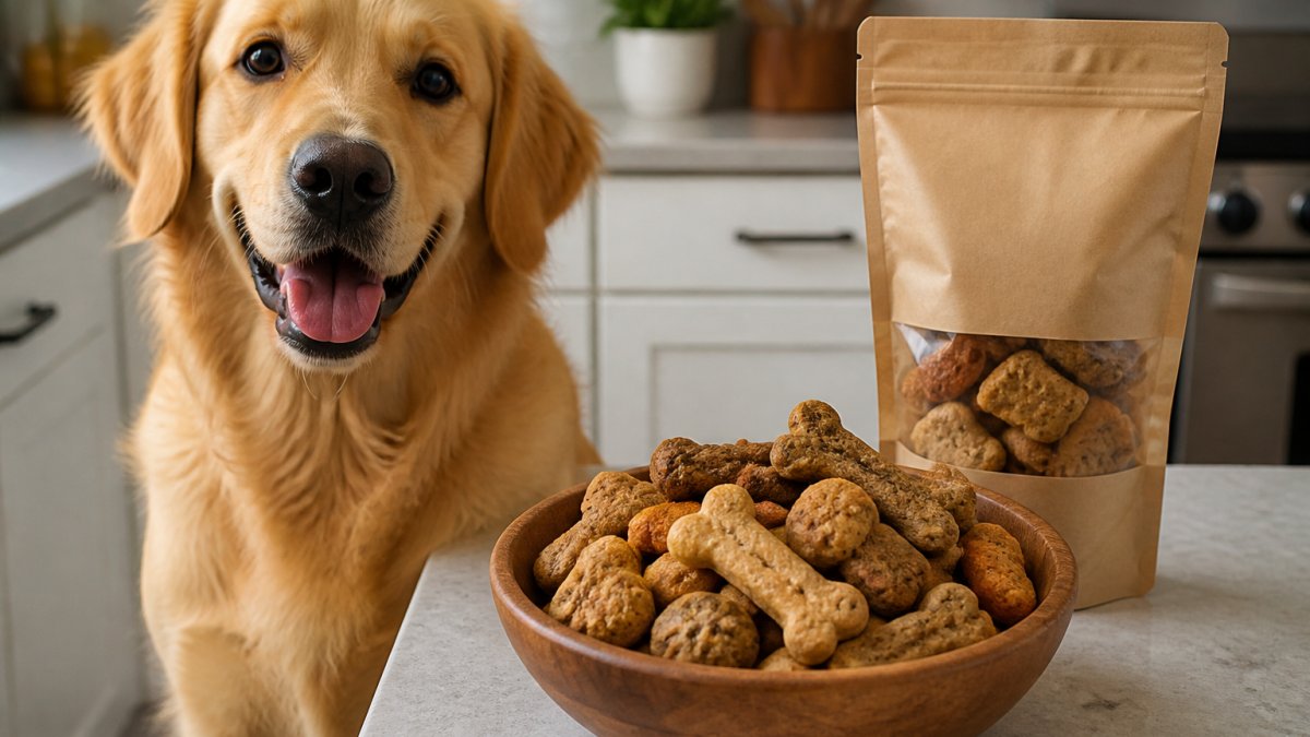 A happy golden retriever sitting beside a wooden bowl filled with assorted organic dog treats, with a bag of treats visible in the background on a kitchen counter