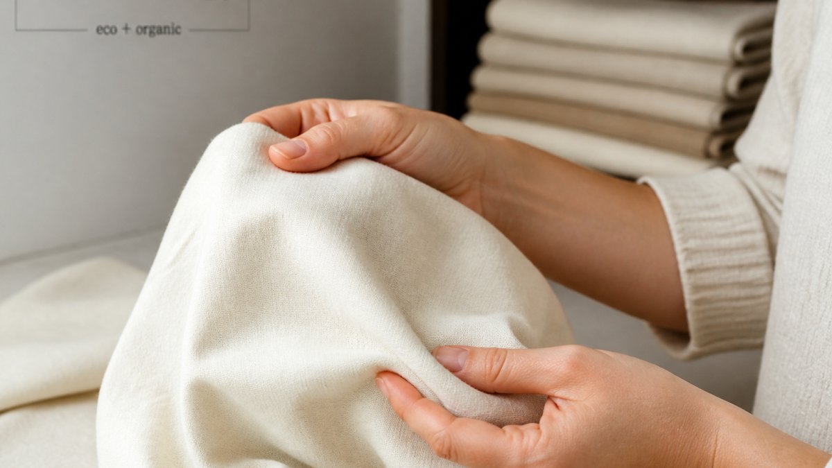 Close-up of soft organic cotton fabric being gently held in someone's hands, showing the smooth texture and natural weave
