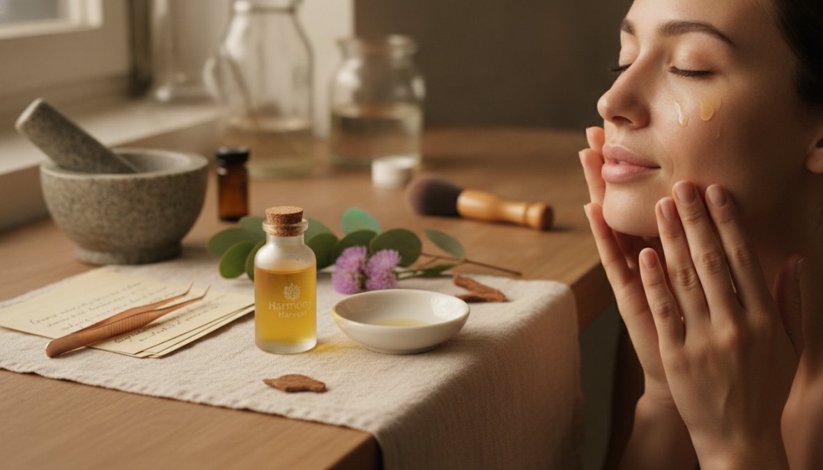 Close-up of hands gently patting organic face oil into glowing, hydrated skin on face and neck with soft natural lighting