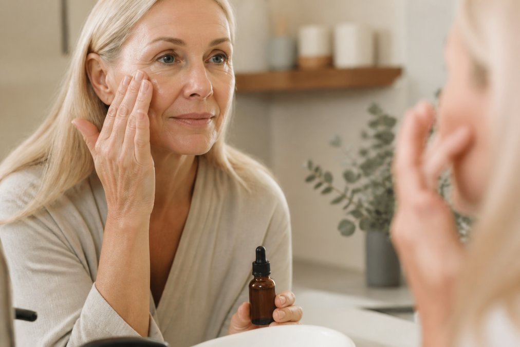 Close-up of a woman in her 50s gently pressing face oil into her cheek with fingertips, warm natural light, bathroom counter with amber dropper bottle nearby