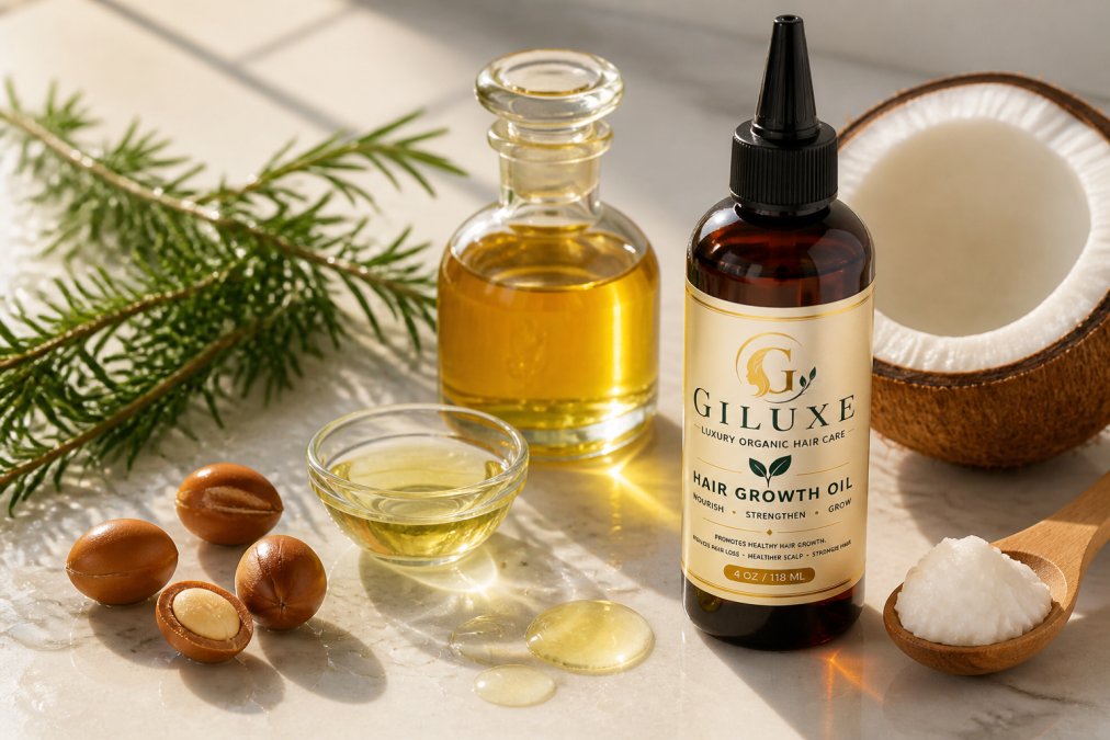 Close-up of natural botanical ingredients including fresh rosemary sprigs, golden argan oil in a glass bottle, jojoba oil droplets, and coconut oil on a light marble surface with water droplets and natural sunlight