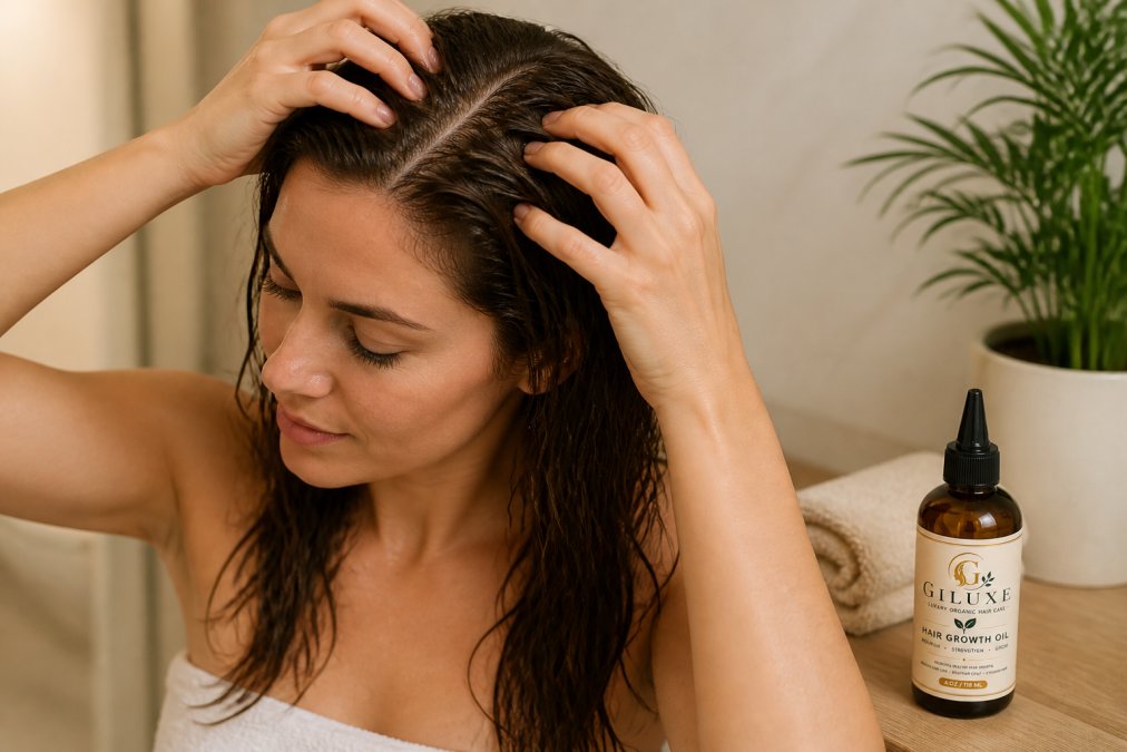 Person with hands massaging scalp and hair roots, showing organic hair oil application technique with focused attention on the roots and scalp area, warm natural lighting in a spa-like setting