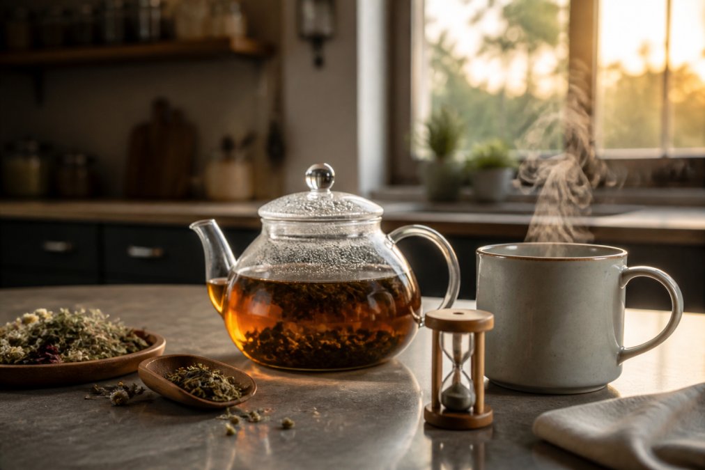 Loose leaf herbal tea blends steeping in a glass teapot with a timer and steaming mug on a kitchen counter.