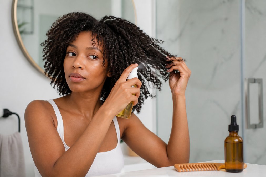 A woman with coily 4A curls in a bright bathroom applying a lightweight botanical leave-in mist to her damp hair, with a bottle of organic hair oil and a wooden comb on the counter beside her