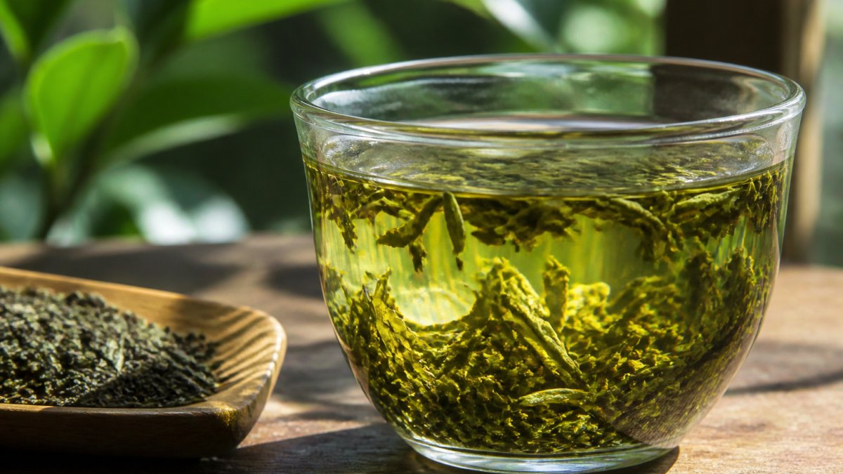 Close-up of loose leaf organic tea steeping in a clear glass cup with vibrant green leaves visible, warm natural sunlight highlighting the rich colors and delicate texture of the leaves