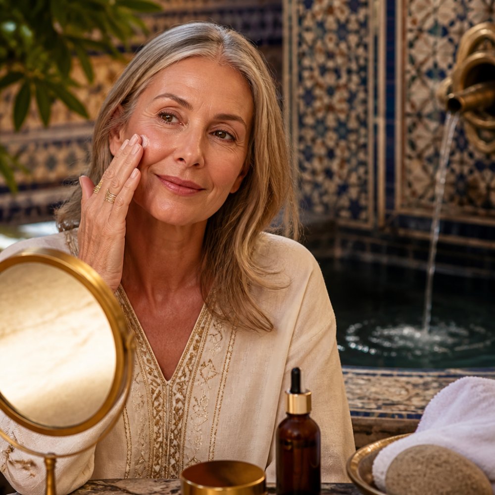 Close-up of a woman in her 50s with glowing, healthy skin, gently touching her cheek, with soft natural window light illuminating her face