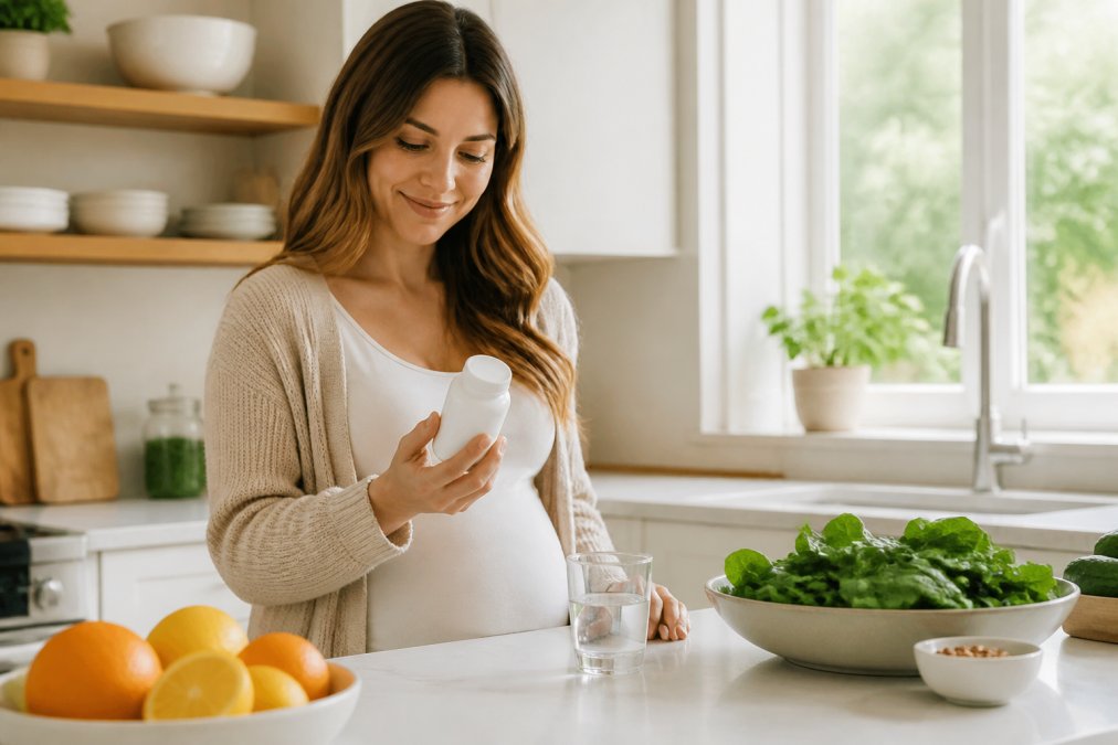Woman in a sunny kitchen holding organic prenatal vitamins with fresh greens and citrus nearby