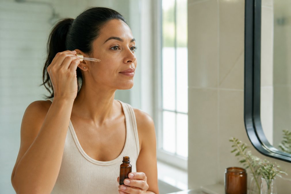 Woman applying the best organic serum for hyperpigmentation to her cheek in a bright, sunlit bathroom mirror.