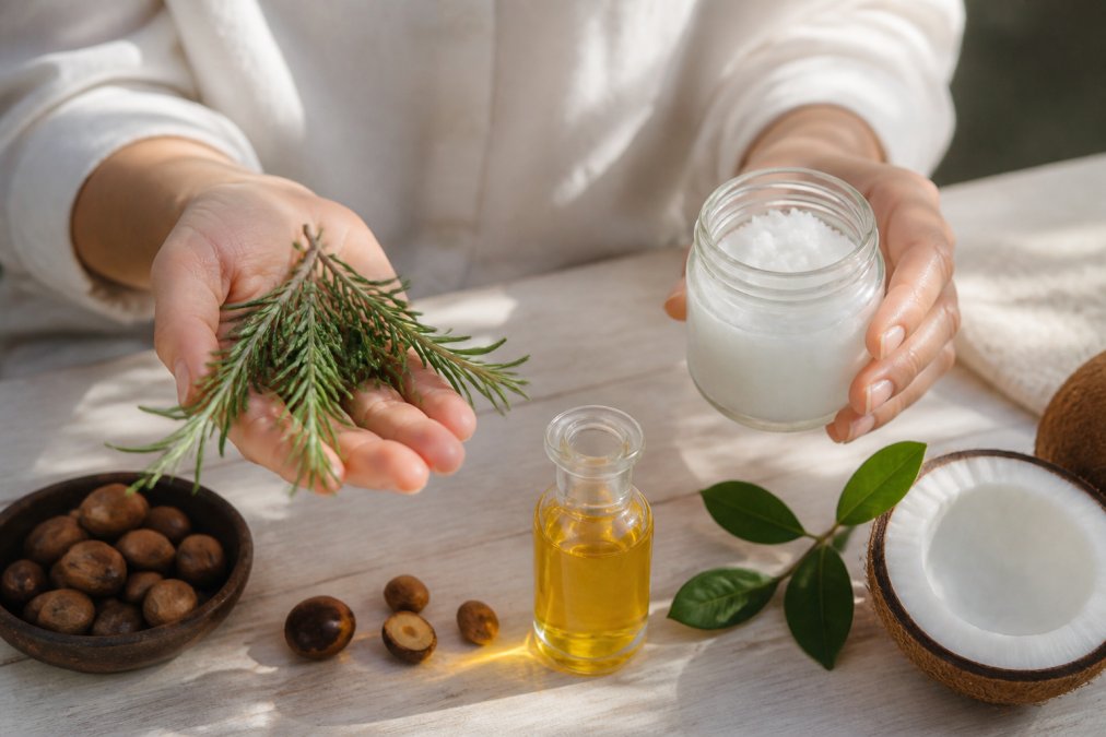 Close-up of hands holding botanical ingredients like fresh rosemary sprigs, coconut oil in a glass jar, and argan oil over a light wooden surface with natural daylight streaming across