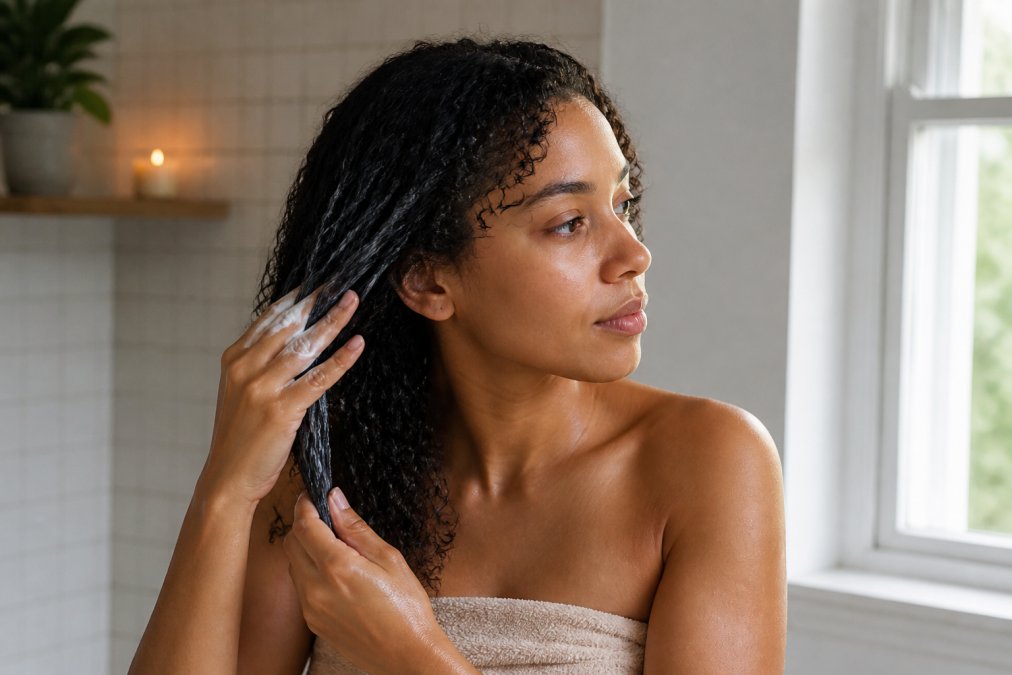 Person with textured, curly hair applying a hydrating botanical hair product, showing healthy shine and moisture after application, soft natural lighting from a window