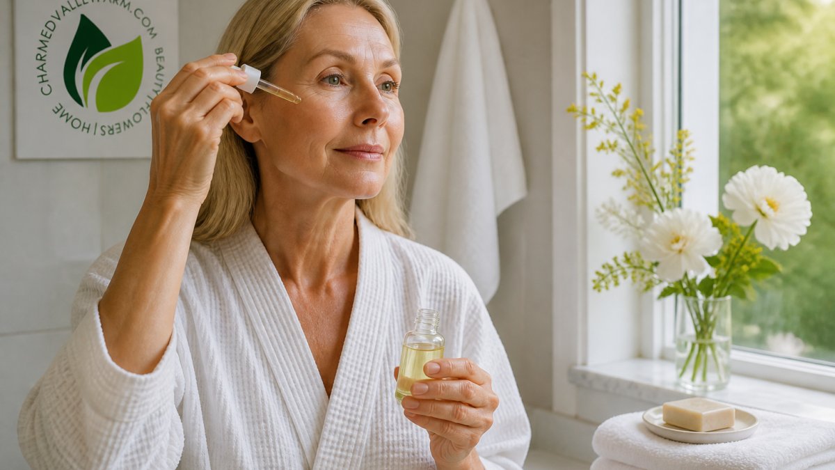 Woman in her 50s with peaceful expression applying botanical serum to her face with dropper, natural window light illuminating her skin, clean modern bathroom setting with soft white towels