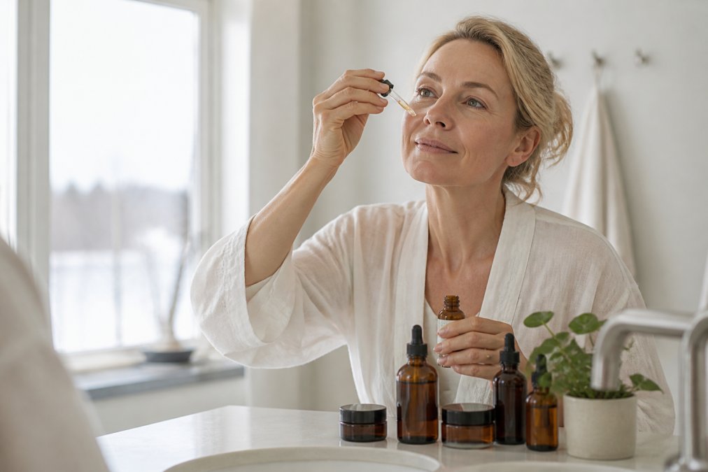 Woman in her fifties applying organic skincare for menopause serum in a sunlit bathroom with amber glass bottles