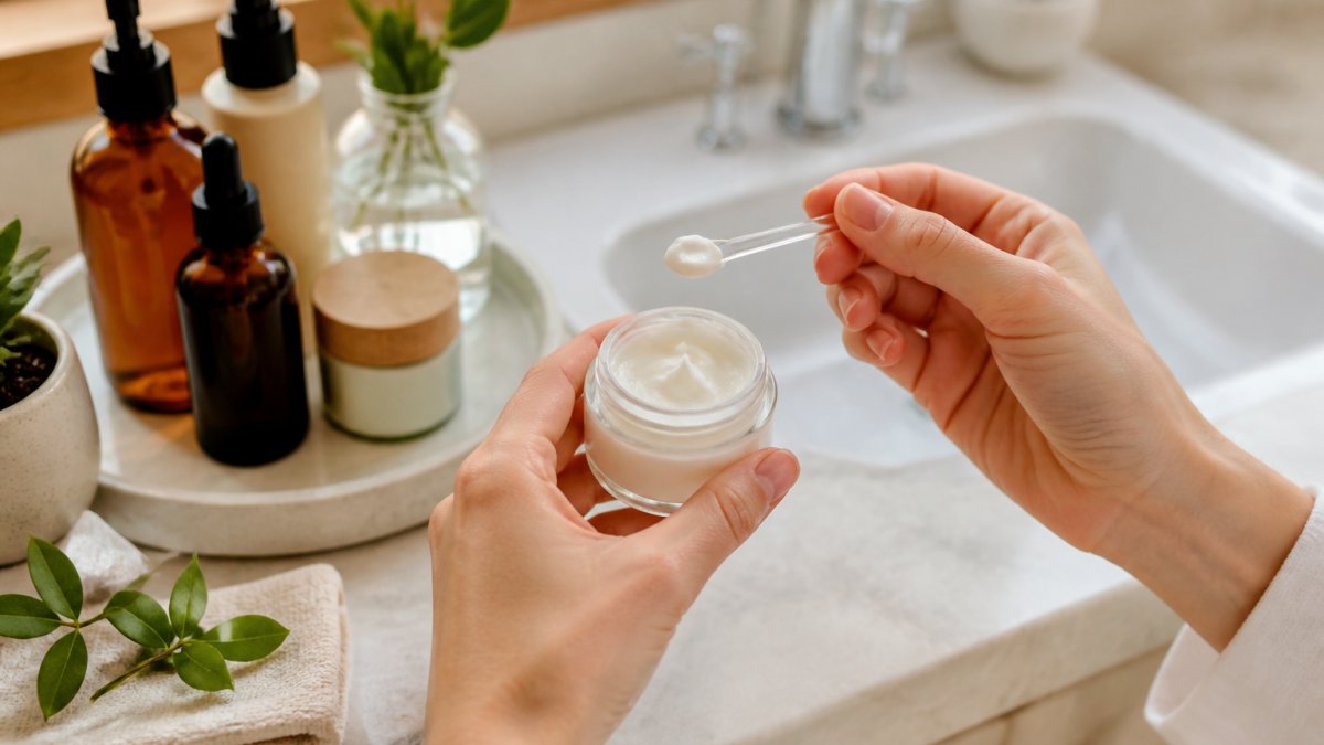 Hands performing a patch test with the best organic skincare for sensitive skin on a bright bathroom counter.