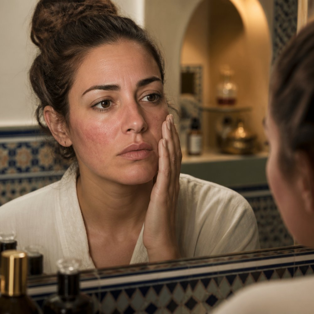 Close-up of a woman with visibly sensitive, slightly flushed skin gently touching her cheek, soft natural lighting, serene bathroom setting