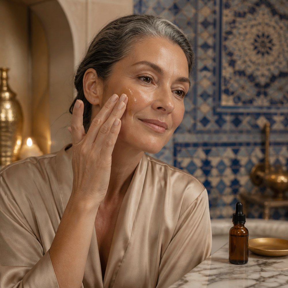 Woman over 50 applying golden facial oil, part of organic skincare for women over 50, on a marble vanity.