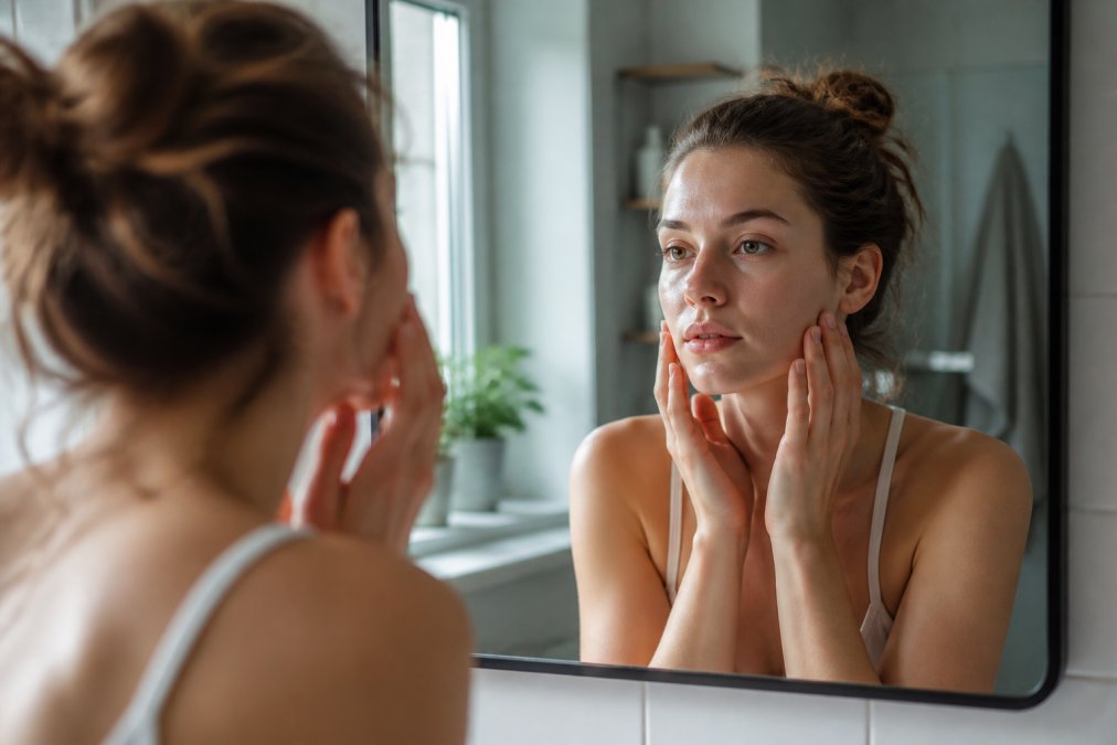 Person examining their skin closely in natural light while looking in a bathroom mirror with a calm, thoughtful expression, hands gently touching their face