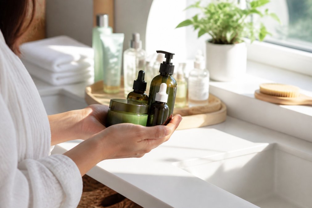 A person's hands carefully holding several organic skincare product bottles on a clean white bathroom counter with natural sunlight streaming through a window