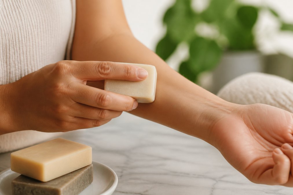 Close-up of a person gently pressing a small piece of soap bar against the inside of their wrist to demonstrate a patch test, with clean skin and soft lighting
