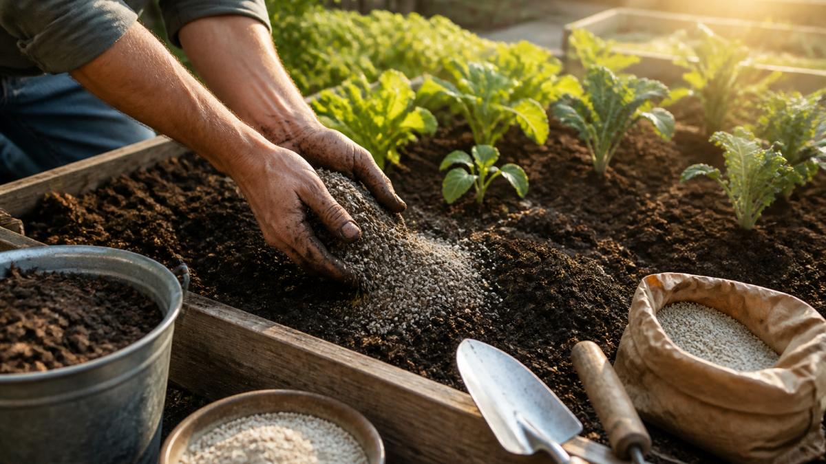 Gardener's hands mixing dark compost and mineral amendments into rich garden soil in a raised bed, with young vegetable seedlings growing in the background, morning sunlight casting long shadows