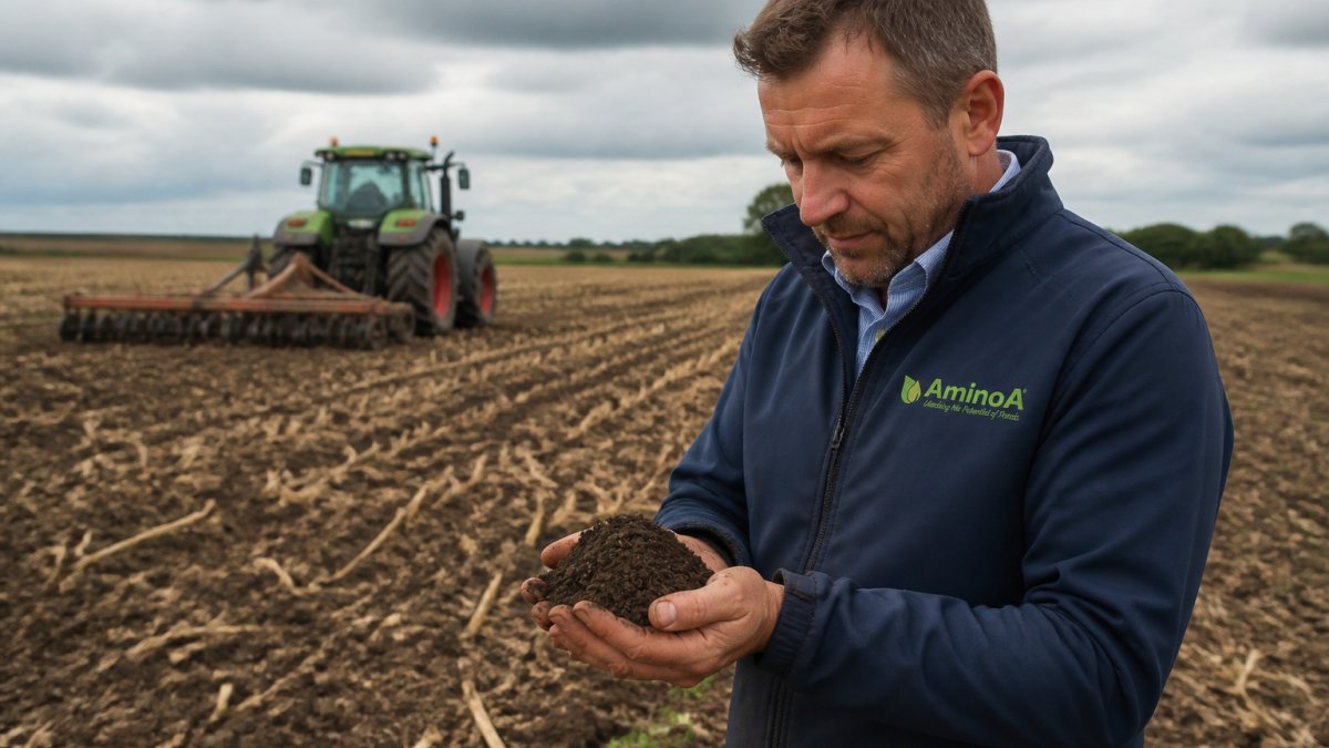 A farmer standing in a large arable field holding a handful of dark, crumbly soil, with a tractor visible in the background under a cloudy sky