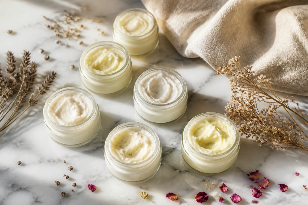 Flat-lay of several small glass jars of whipped tallow balm arranged on a white marble surface with dried botanicals and a small soft linen cloth nearby, warm natural light from the side