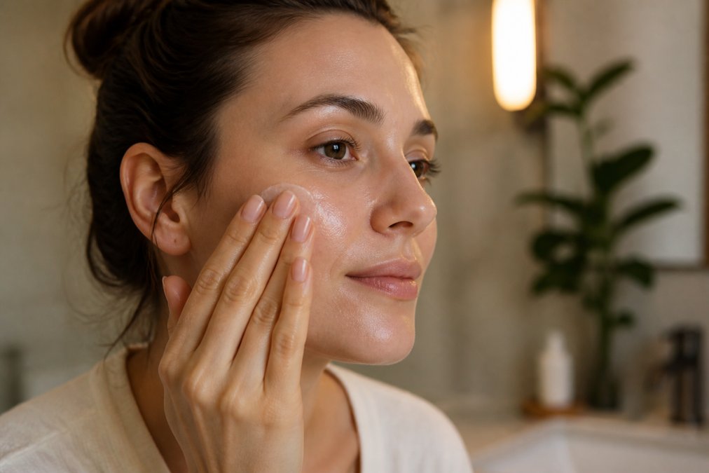 Close-up of a woman's hands gently pressing a small amount of creamy tallow balm onto her cheek in a softly lit bathroom, warm ambient light, natural background