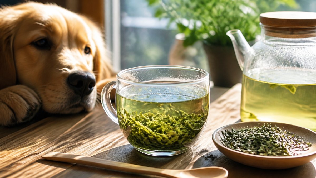 Organic loose green tea leaves steeping in a clear glass cup with a wooden spoon in morning sunlight