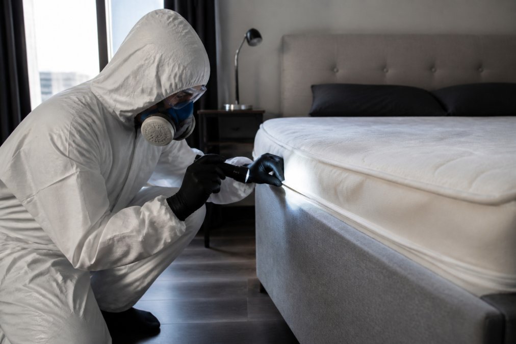 A pest control technician in protective gear inspecting a mattress seam with a flashlight in a modern apartment bedroom