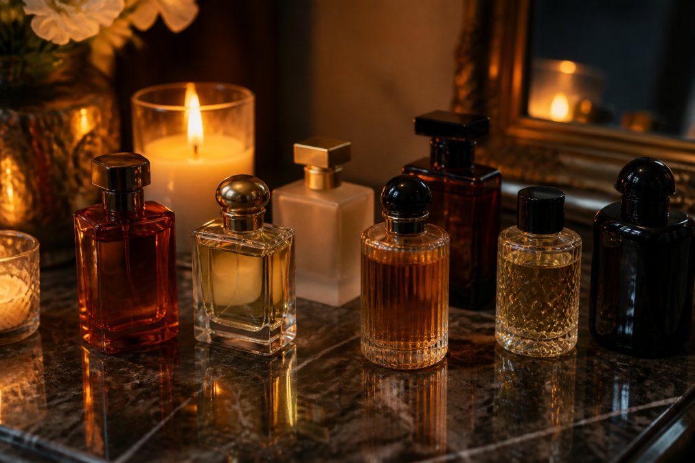 Luxury fragrance bottles in amber, clear, and frosted glass arranged on dark marble surface with warm candlelight casting shadows, showcasing various bottle shapes and colors representing different scent families