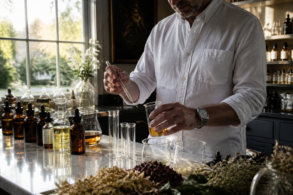 Perfumer's hands carefully measuring and blending premium botanical essences and oils in glass vessels in a Charleston studio, with warm natural light illuminating the craftsmanship and ingredient bottles