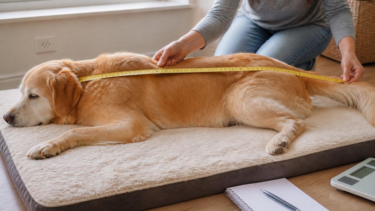 Owner gently using a measuring tape to measure the length of a senior dog resting on a soft orthopedic bed