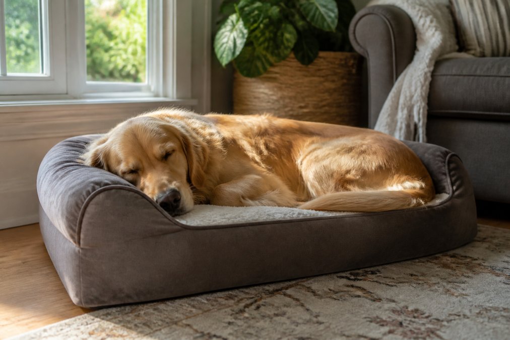 Senior golden retriever sleeping peacefully on thick memory foam orthopedic bed with bolstered sides in cozy home setting with natural window light