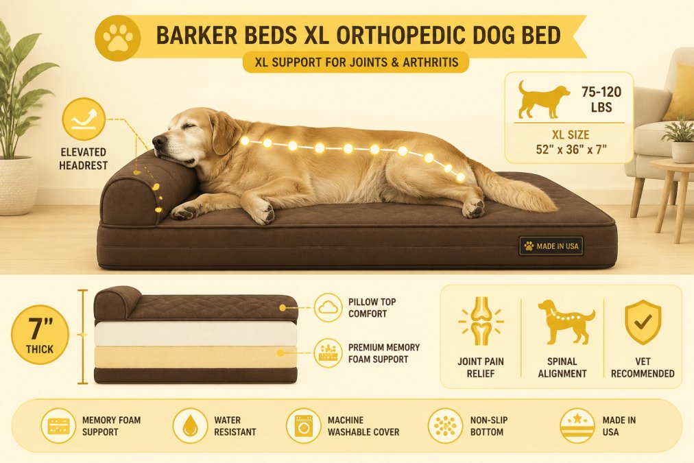 Large breed dog resting on Barker Beds XL with elevated headrest, showing proper spinal alignment on premium memory foam orthopedic bed in home living room